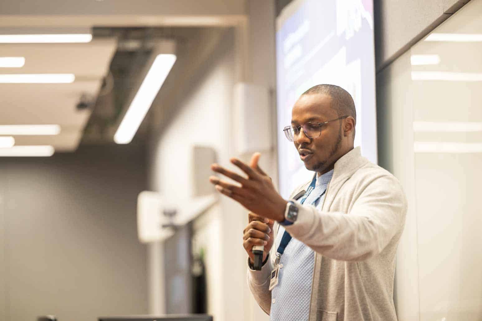 Abdulrahman Cherif (DiveIn PGR - Cohort 1) presenting his research poster at the Annual Industry Showcase 2025