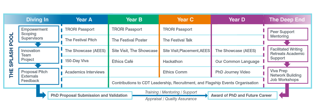 Lukas Moers
Tobias Frohlich 
Andrew Reid 
Sílvia da Silva Mourão 
Antonella Maria Aurelia Marsella 
Amy Eden
Amparo Gimenez Rios
Stacey McLellan 

It is a graph which depicts the timeline of the PhD training programme. The graph includes 6 columns with heading: Diving In, Year A, Year B, Year C, Year C, Year D and The Deep End. The following information is given in the Diving In column: Empowerment, Scoping, Supervisors as first stage; Innovation, Team, Project as second stage; Proposal Pitch, Externals, Feedback as third stage, leading to PhD Proposal Submission and Validation, supported by Training, Mentoring, Support, Appraisal, and Quality Assurance, to move to the stage of Award of PhD and Future Career. The following information is given for the Year A column: TRORI Passport, The Festival Pitch, The Showcase (AEES), 150-Day Viva, Academic Interviews. The following information is given for the Year B column: TRORI Passport, The Festival Poster, Site Visit, The Showcase, Ethics Café. The following information is given for the Year C column: TRORI Passport, The Festival Talk, Site Visit, Placement,  AEES, Hackathon, Ethics Comm. The following information is given for the Year D column: The Showcase (AEES), Our Common Language, PhD Journey Video. Columns Year B, Year C and Year D end with the common activity of contributions to CDT Leadership, Recruitment, and Flagship Events Organisation. The following information is given in the Deep End column: Peer Support, Mentoring as first stage; Facilitated Writing Retreats, Academic Support, as second stage; Viva Preparation, Network Building and Job Workshops as third stage, which links to the award of the PhD and future career.